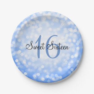 Sweet Sixteen Blue Glitter Lights Paper Plate