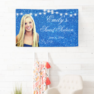 Sweet Sixteen Blue Glitter String Light Sparkle Banner