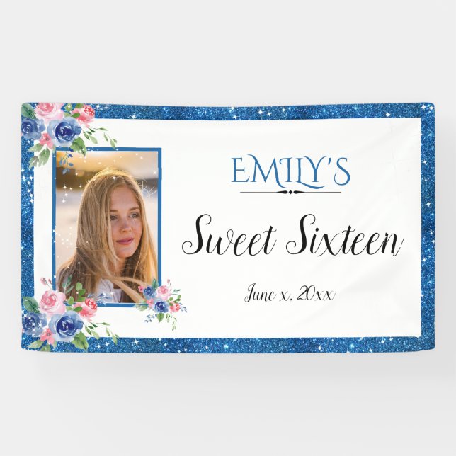 Sweet Sixteen Blue Glitter Watercolor FLowers Banner (Horizontal)