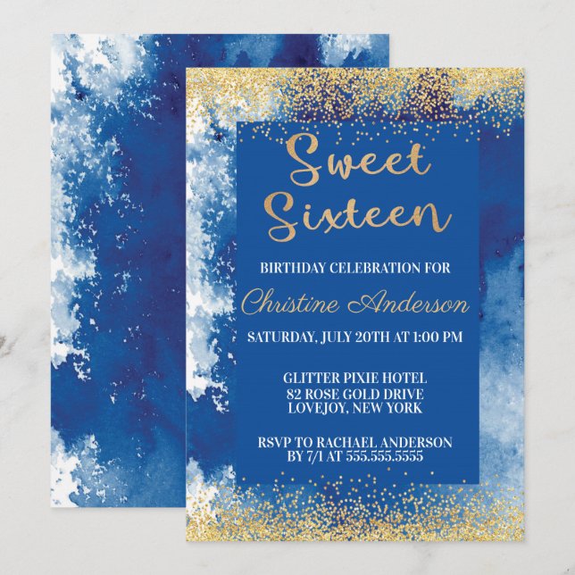 Sweet Sixteen Blue Gold Glitter Watercolor Invitation (Front/Back)