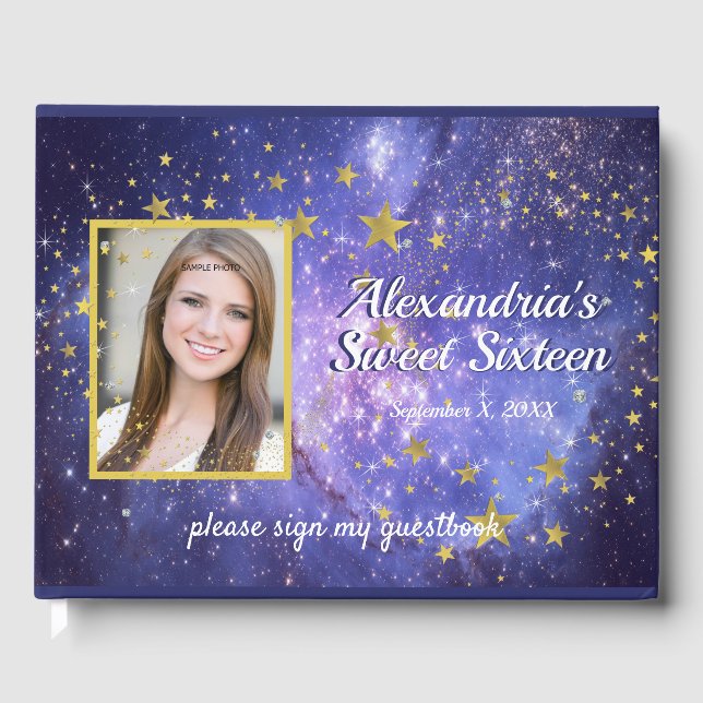 Sweet Sixteen, Blue, Gold Stars, Galaxy Sparkle Guest Book (Front)