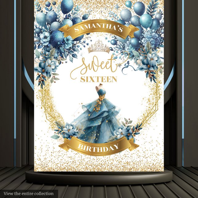 Sweet Sixteen Blue Gold Watercolor Sparkle Banner Tapestry (Sweet Sixteen Blue Gold Watercolor Sparkle Banner)