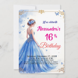 Sweet Sixteen Blue Gown Floral Elegant Birthday Invitation