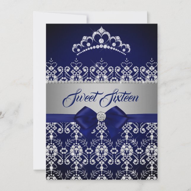 Sweet Sixteen Blue Navy Sparkle Diamond Tiara Bow Invitation (Front)