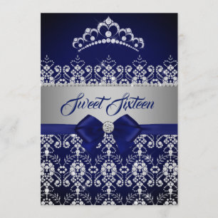 Sweet Sixteen Blue Navy Sparkle Diamond Tiara Bow Invitation