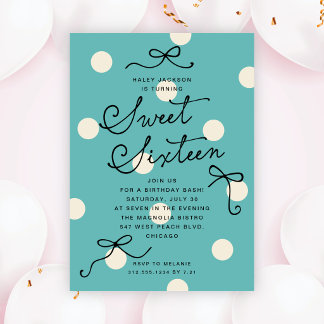 Sweet Sixteen Blue Turquoise Modern Stylish Bows Invitation