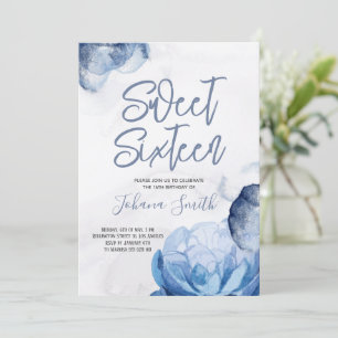 Sweet Sixteen Blue Watercolor 16th Birthday Invitation