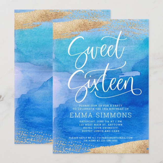 Sweet Sixteen Blue Watercolor Gold Birthday Invitation (Front/Back)