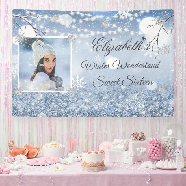 Sweet Sixteen Blue White Winter Wonderland Snow Ba Banner (Party)