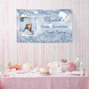 Sweet Sixteen Blue White Winter Wonderland Snow Banner