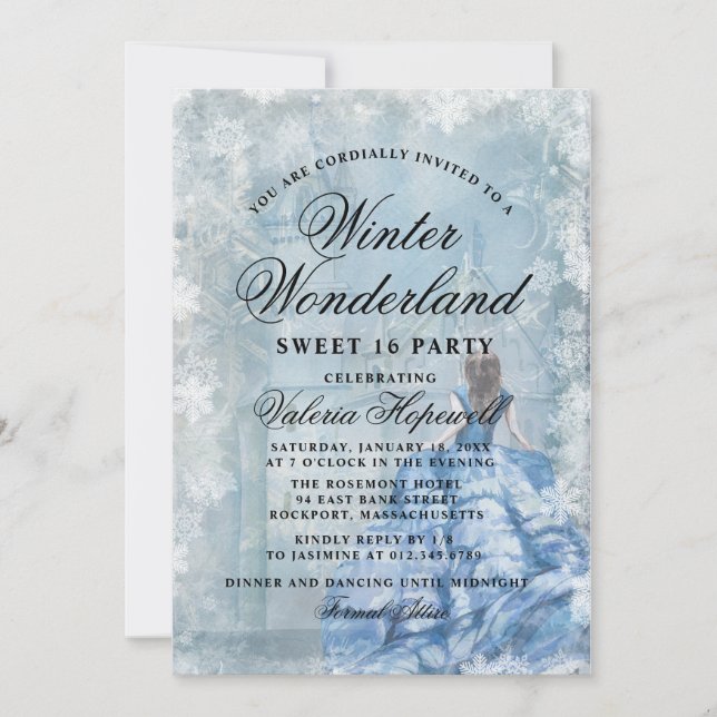 Sweet Sixteen Blue Winter Wonderland Princess Invitation (Front)
