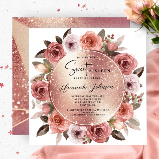 Sweet Sixteen Blush Floral Rose Gold Glitter Invitation (Creator Uploaded)