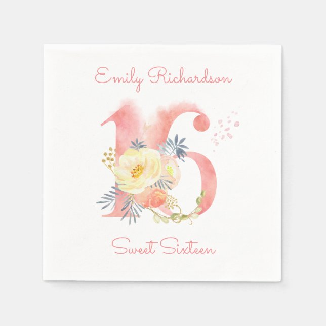 Sweet Sixteen Blush Pink Floral 16 Birthday Napkin (Front)
