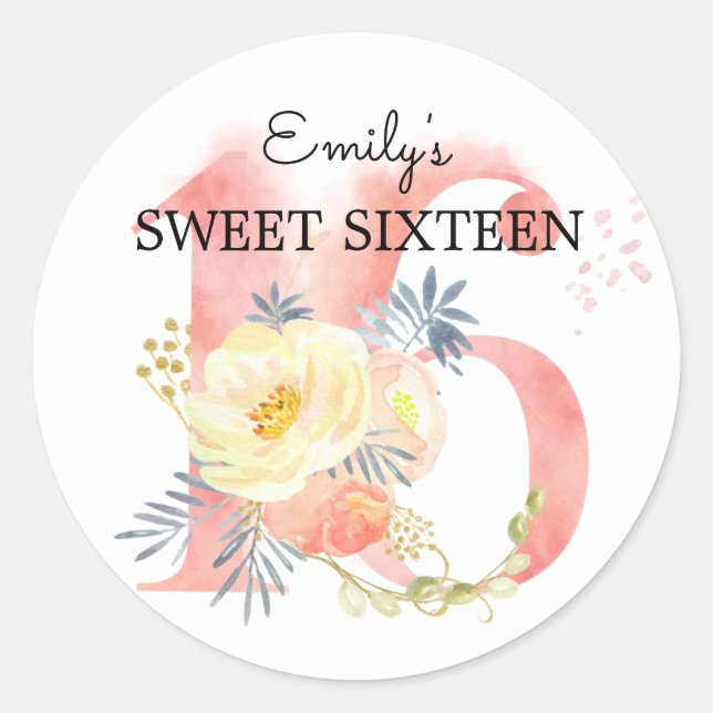 Sweet Sixteen Blush Pink Flower Number 16 Custom Classic Round Sticker (Front)