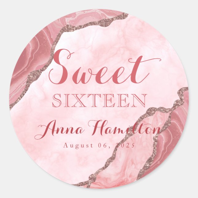 Sweet Sixteen Blush Pink Gold Agate Geode Birthday Classic Round Sticker (Front)