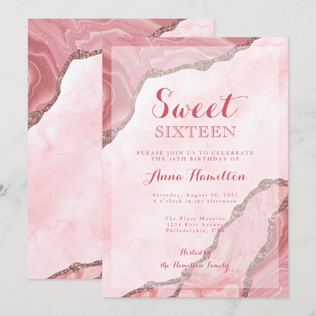 Sweet Sixteen Blush Pink Gold Agate Geode Birthday Invitation (Front/Back)