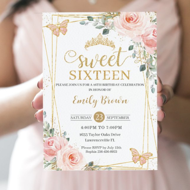 Sweet Sixteen Blush Pink Rose Floral Butterflies  Invitation (Creator Uploaded)