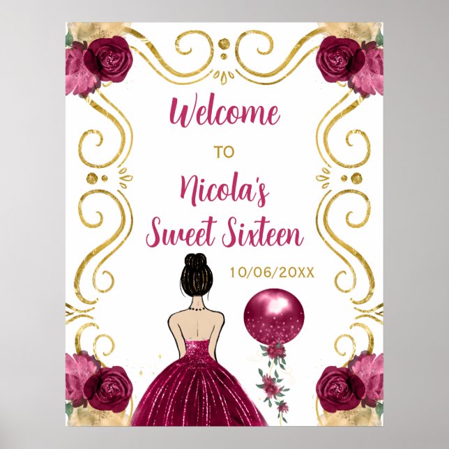 Sweet Sixteen Brown Hair Princess Burgundy Welcome Poster (Front)