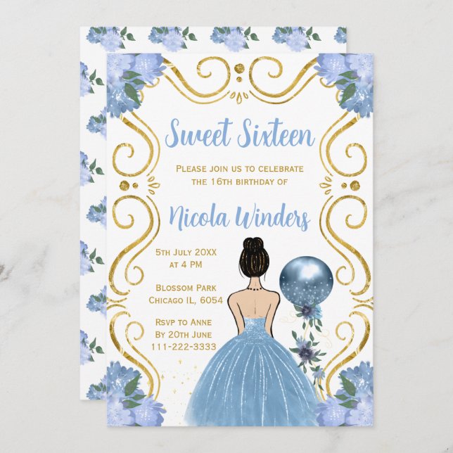 Sweet Sixteen Brown Hair Princess in Blue Invitation (Front/Back)