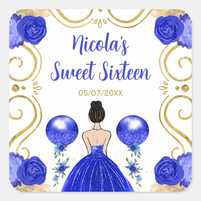 Sweet Sixteen Brown Hair Princess in Blue Square Sticker (Front)