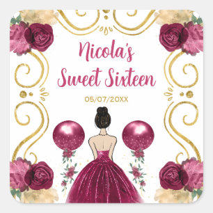 Sweet Sixteen Brown Hair Princess in Burgundy Red Square Sticker