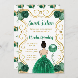 Sweet Sixteen Brown Hair Princess in Green Invitation