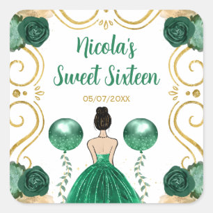 Sweet Sixteen Brown Hair Princess in Green Square Sticker