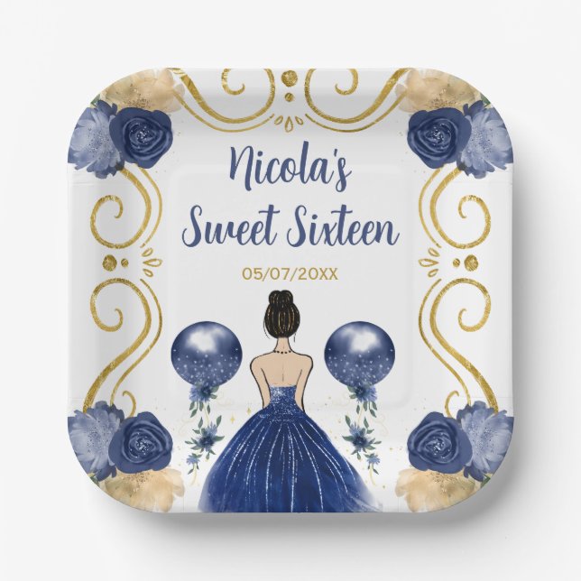 Sweet Sixteen Brown Hair Princess in Navy Blue Paper Plate (Front)