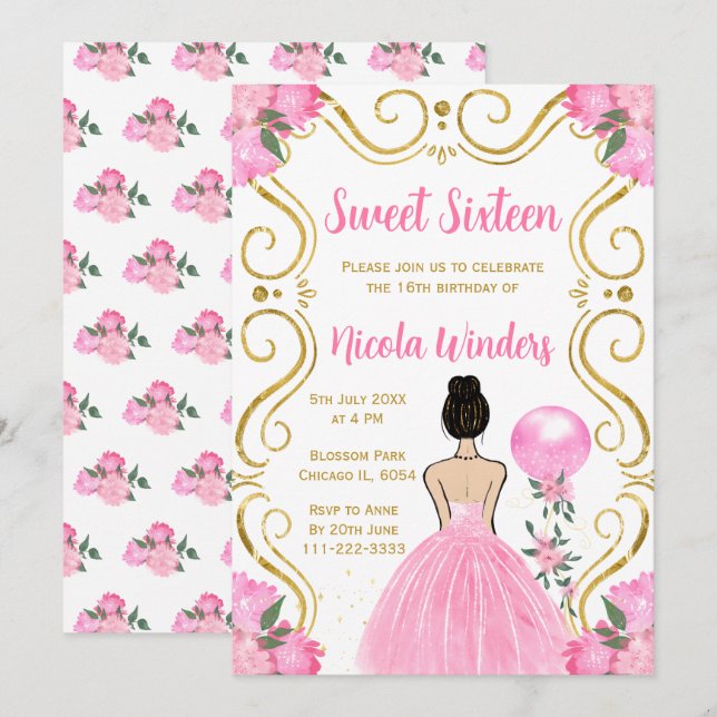 Sweet Sixteen Brown Hair Princess in Pink Invitation (Front/Back)