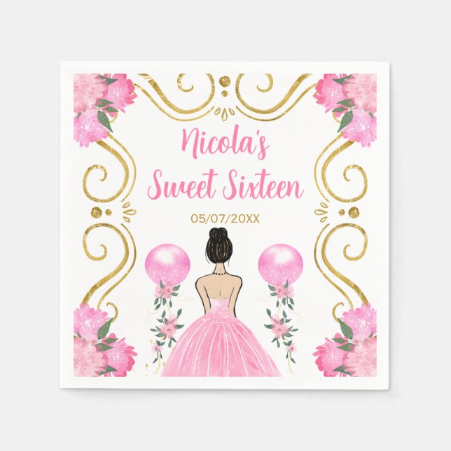Sweet Sixteen Brown Hair  Princess in Pink Napkin (Front)