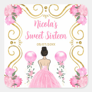 Sweet Sixteen Brown Hair Princess in Pink Square Sticker