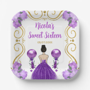 Sweet Sixteen Brown Hair Princess in Purple Paper Plate