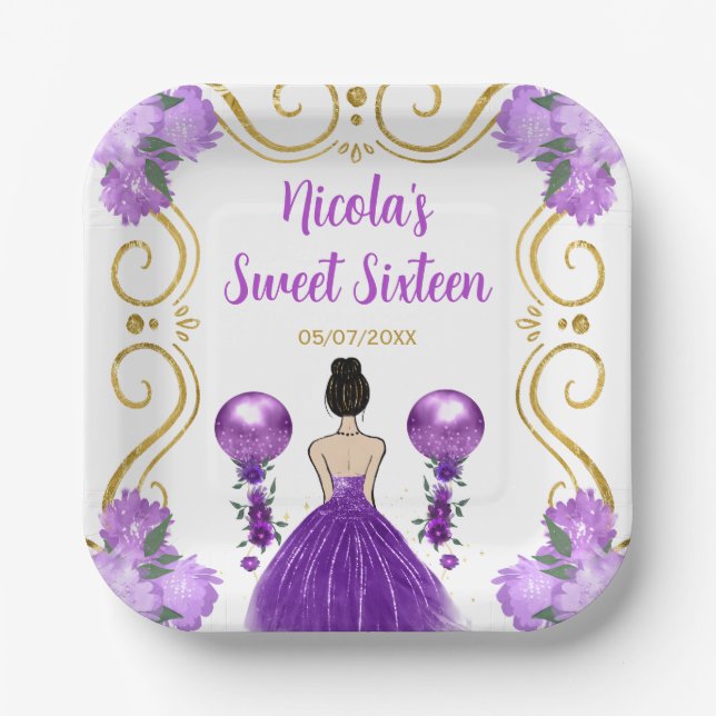Sweet Sixteen Brown Hair Princess in Purple Paper Plate (Front)