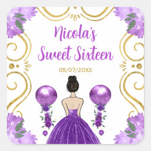Sweet Sixteen Brown Hair Princess in Purple Square Sticker