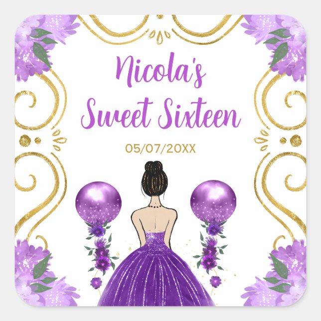 Sweet Sixteen Brown Hair Princess in Purple Square Sticker (Front)