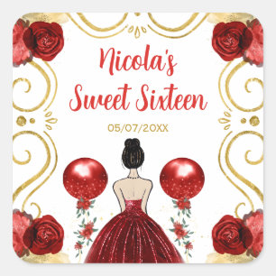 Sweet Sixteen Brown Hair Princess in Red Square Sticker