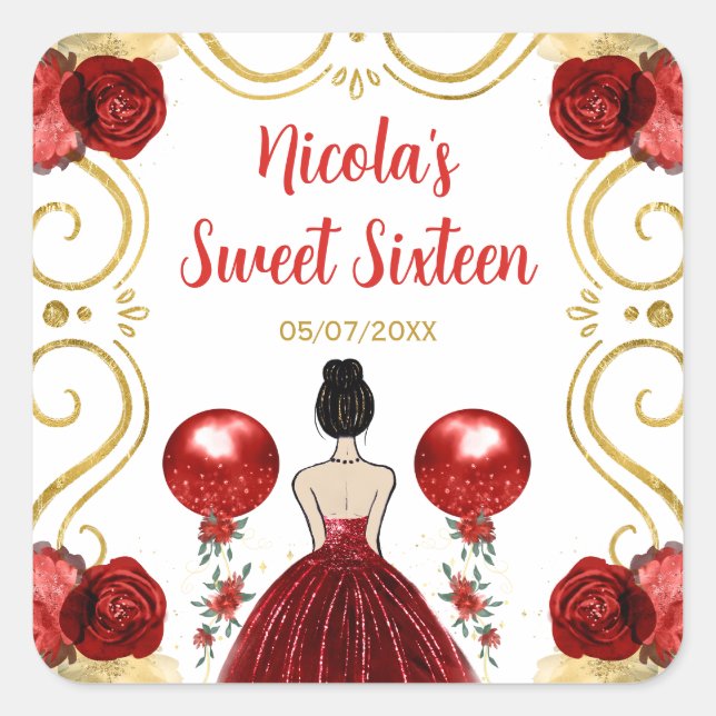 Sweet Sixteen Brown Hair Princess in Red Square Sticker (Front)