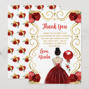 Sweet Sixteen Brown Hair Princess in Red Thank You Card