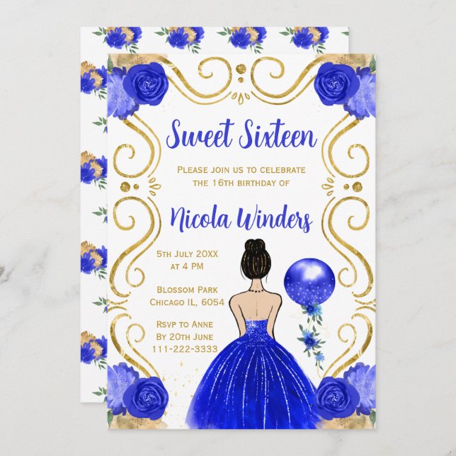 Sweet Sixteen Brown Hair Princess in Royal Blue Invitation (Front/Back)