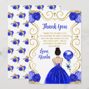 Sweet Sixteen Brown Hair Princess in Royal Blue Thank You Card