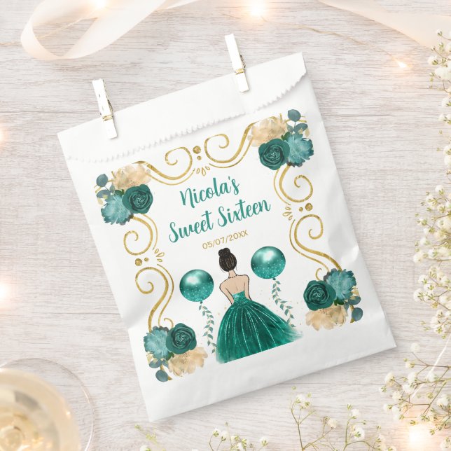 Sweet Sixteen Brown Hair Princess in Teal Favour Bags (Clipped)