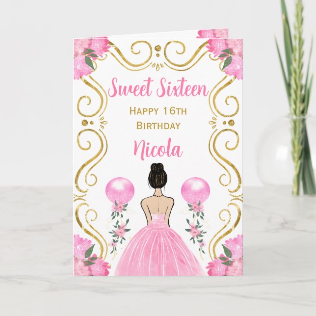Sweet Sixteen Brown Hair Princess Pink Birthday Card (Front)