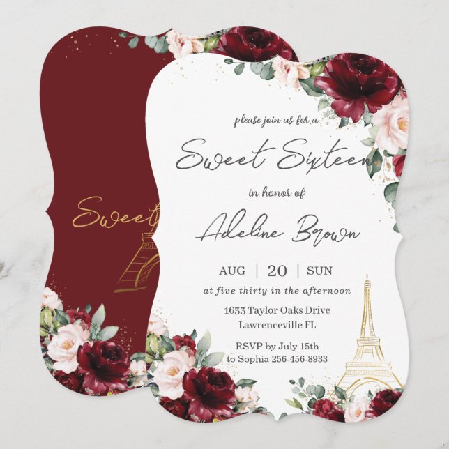 Sweet Sixteen Burgundy Blush Floral Eiffel Paris Invitation (Front/Back)