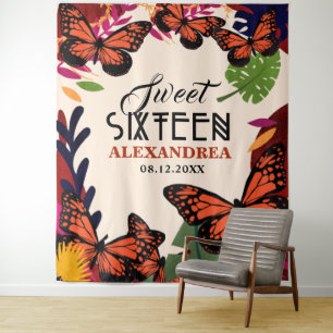 Sweet Sixteen Butterflies Floral Photo Backdrop Tapestry
