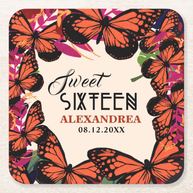 Sweet Sixteen Butterflies Floral  Square Paper Coaster (Front)