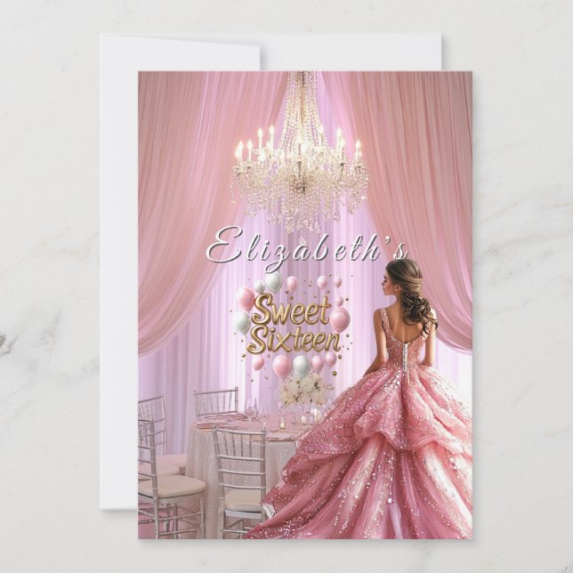 Sweet Sixteen Celebrations Pink Gown Chandelier  Invitation (Front)