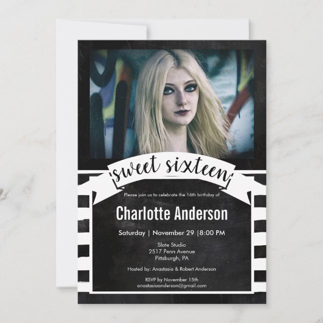 Sweet Sixteen Chalkboard Black White Stripes Photo Invitation (Front)