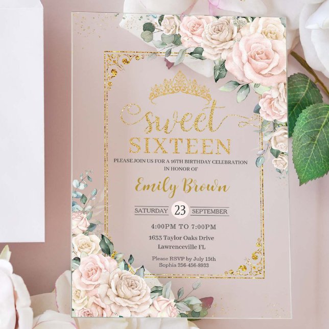 Sweet Sixteen Champagne Ivory Blush Floral Gold Acrylic Invitations (Creator Uploaded)