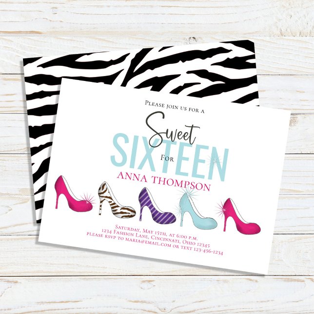 Sweet Sixteen Chic Colourful Birthday Party Invitation (Sweet 16 custom invitation with colorful high heeled shoes)