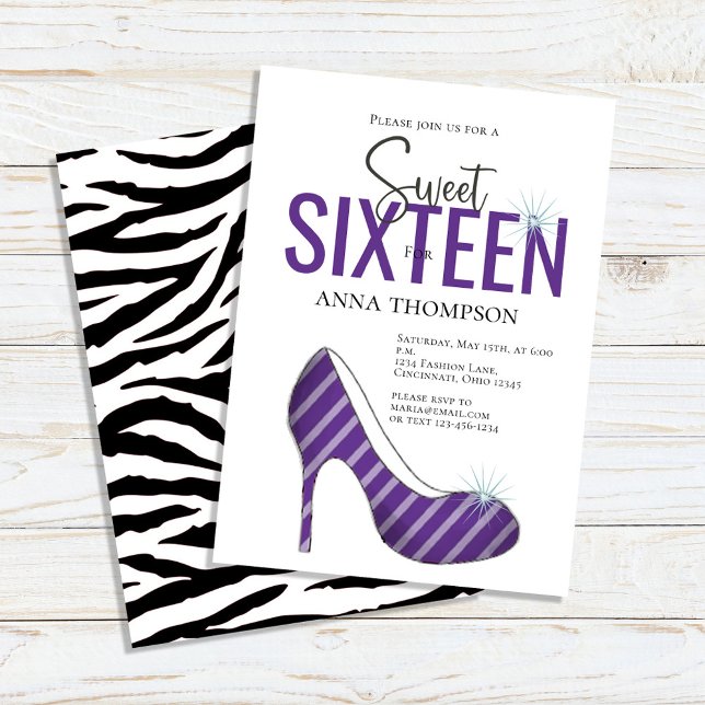 Sweet Sixteen Chic Girl Birthday Party Invitation (Sweet 16 custom invitations with purple-colored high-heeled shoes. )